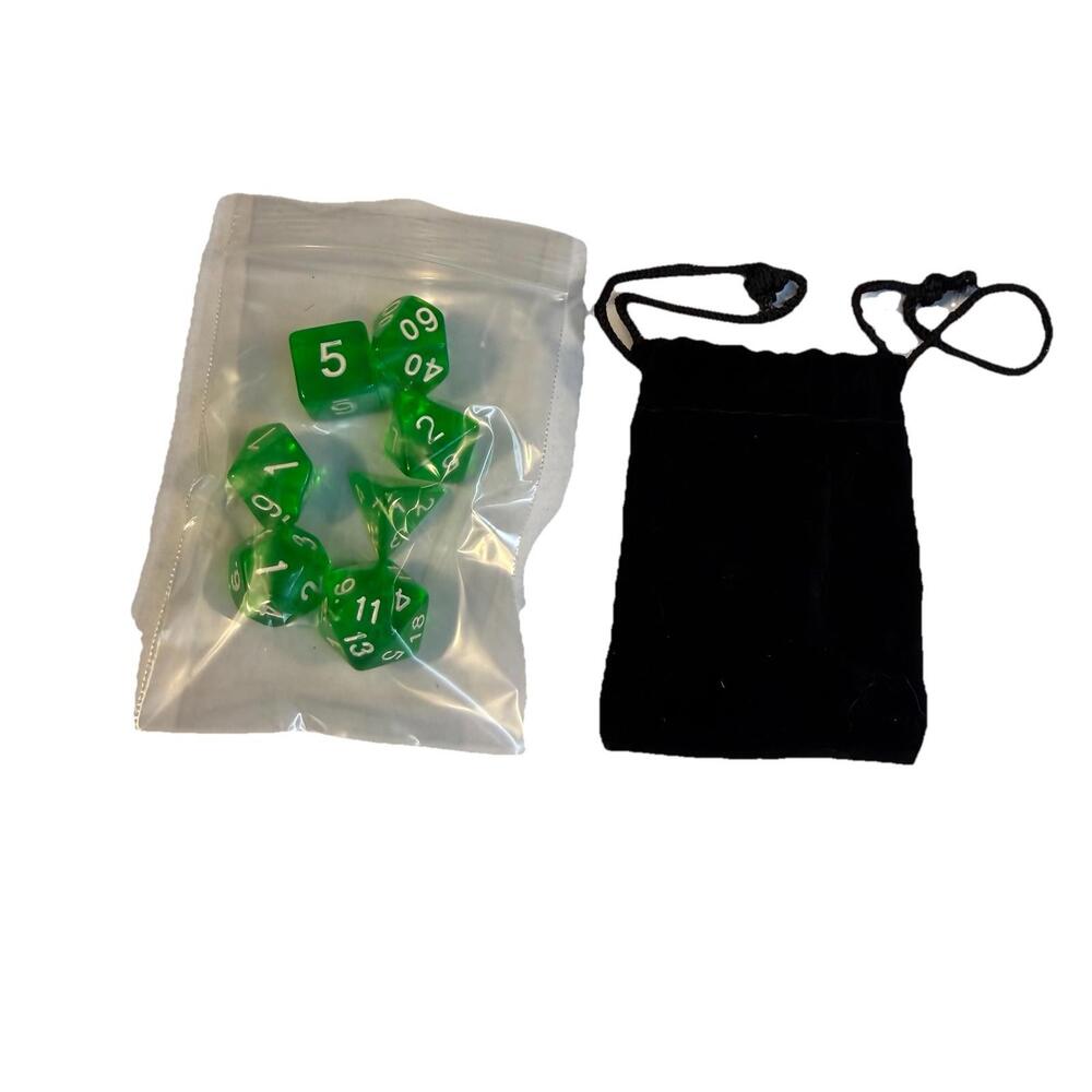 New 7 Piece Polyhedral translucent Green W/ White Number Dice Set & Bag /  D&D